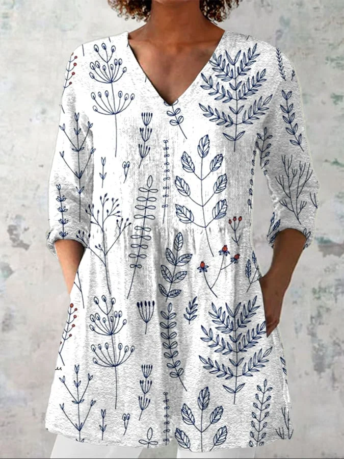 Women's Retro Floral Art Print V-Neck Shirt 