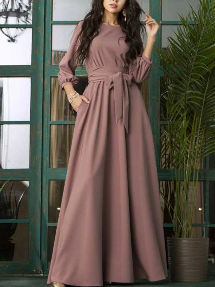 Summer new style women's round neck belt lantern sleeve long dress dress