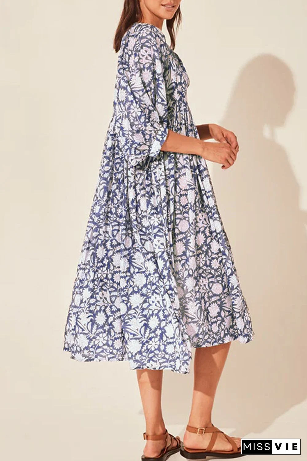 College Vacation Dress Floral Patchwork Frenulum Asymmetrical Collar Beach Dress