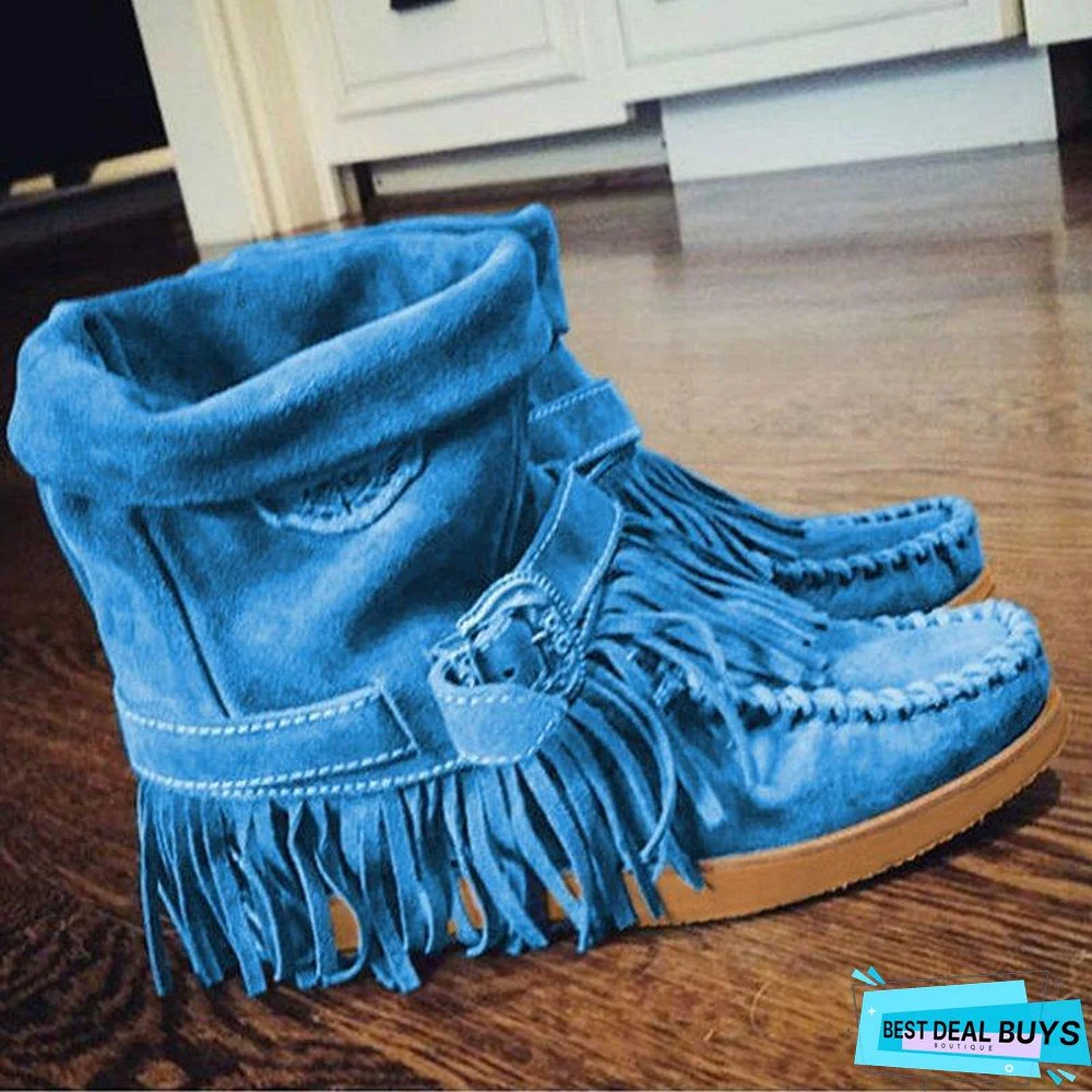 Women's Fringe Round Toe Retro Boots