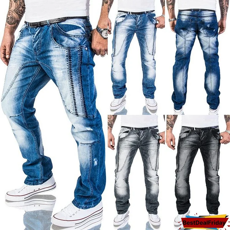 Mens Fashion Middle Waist Denim Jeans Casual Street Style Biker Jeans Pants Vintage Thick Stitching Cotton Herren Long Trousers Plus Size