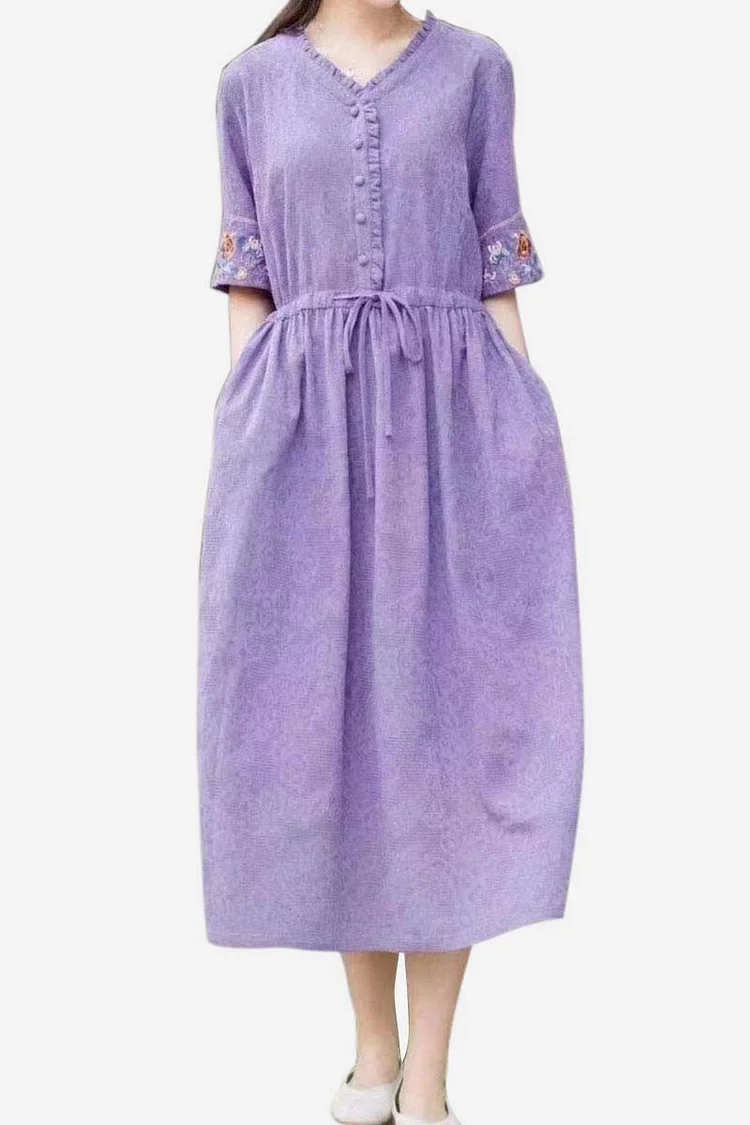 Linen V Neck Button Up Embroidery Short Sleeve Tie Up Ruched Wide Hem Casual Midi Dress