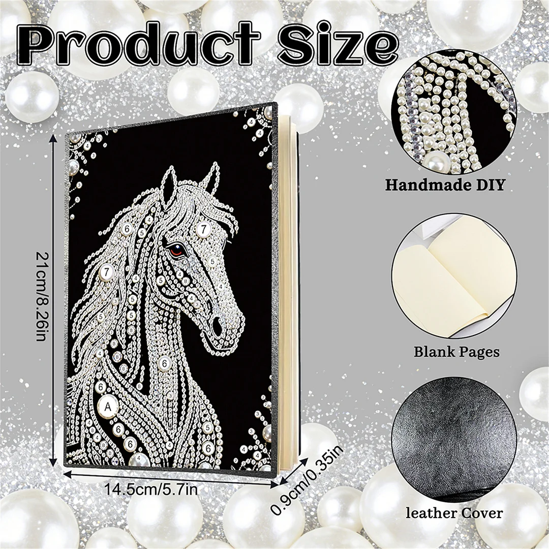 Horses Partial Pearl DIY 50 Pages A5 Diamond Painting Notebook Special Shaped Diamond Art Diary Book Kits Wireless Strip 5D Crystal Art Paintings Sketchbook for Art Drawing