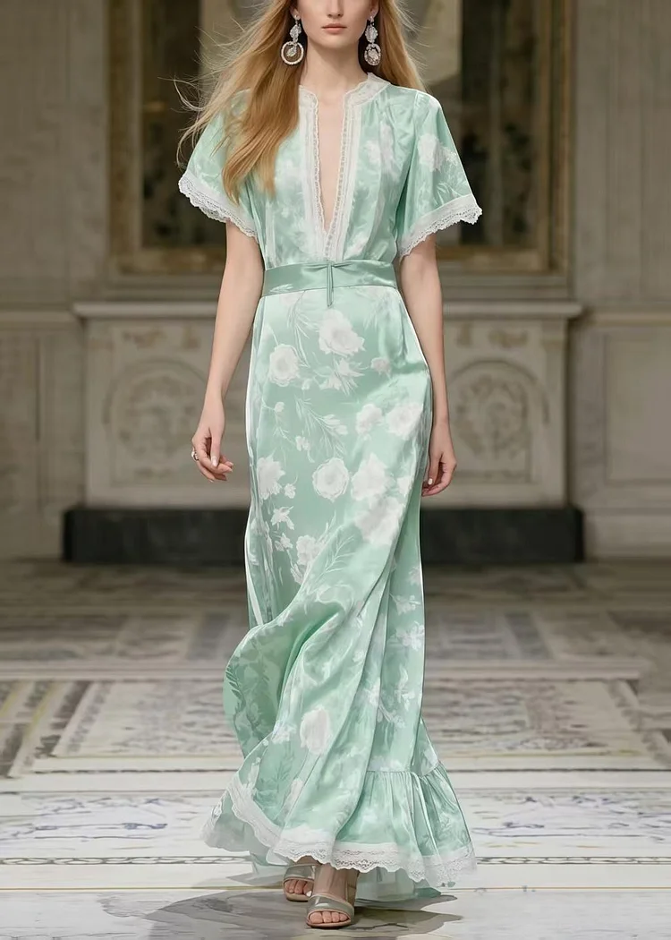 Art Light Green Print Patchwork Lace Party Dress Summer