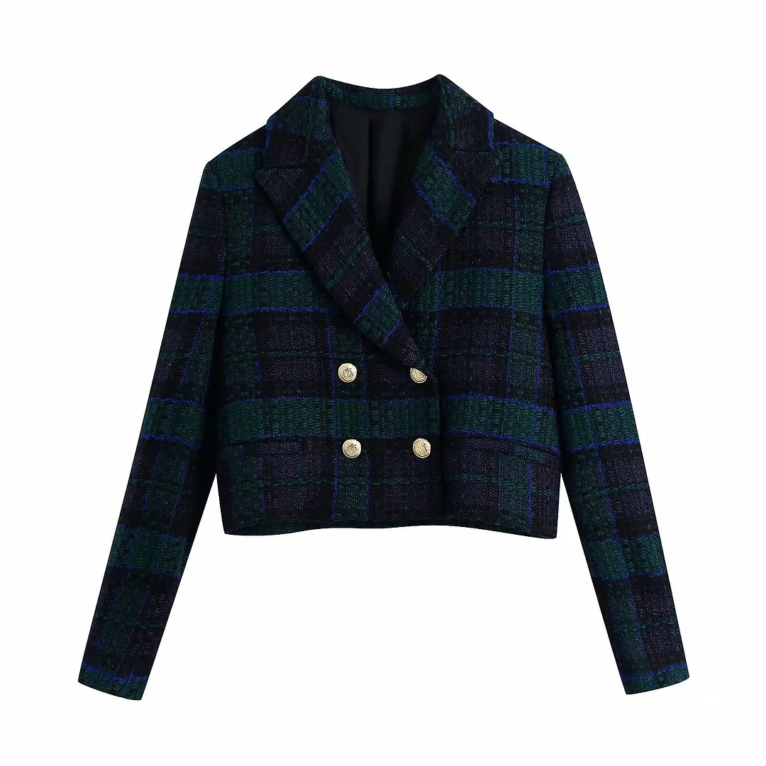 Women's Blazers Sets Jackets Green Plaid Coats Cropped Female Two Piece Vintage Workwear Outfit Ladies Office Long Sleeve Za TRF