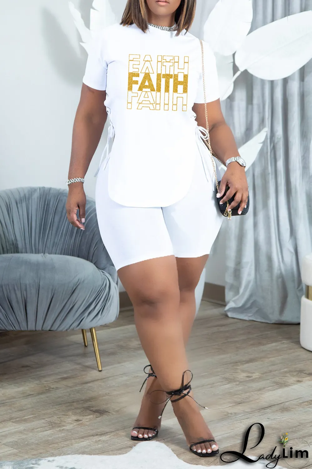 White Fashion Print Draw String O Neck Short Sleeve Two Pieces