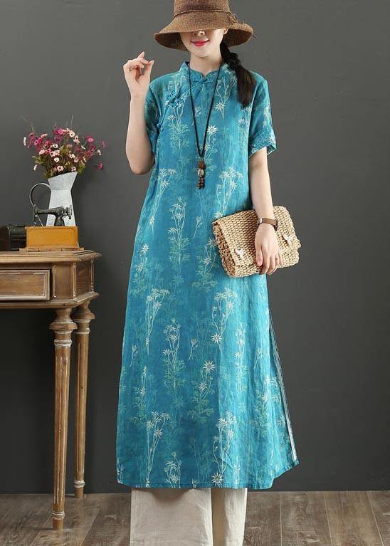 VCSHOES Blue Print Oriental side open Long Summer Linen Dress