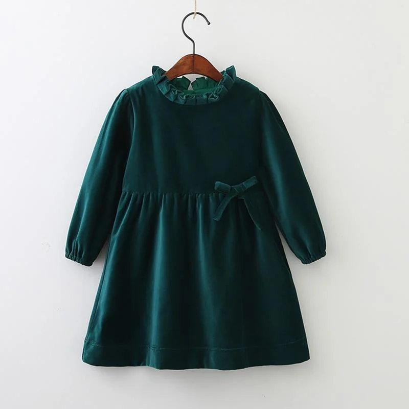 Spring Solid Color Long Sleeve Toddler Velour Dresses 1-8Yrs Baby Girls Dress Sweet Kids Velvet Clothes Princess Ruffles Dresses
