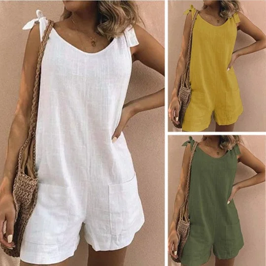 Women's Solid Color Cotton And Linen Patch Pocket Fashion Jumpsuit