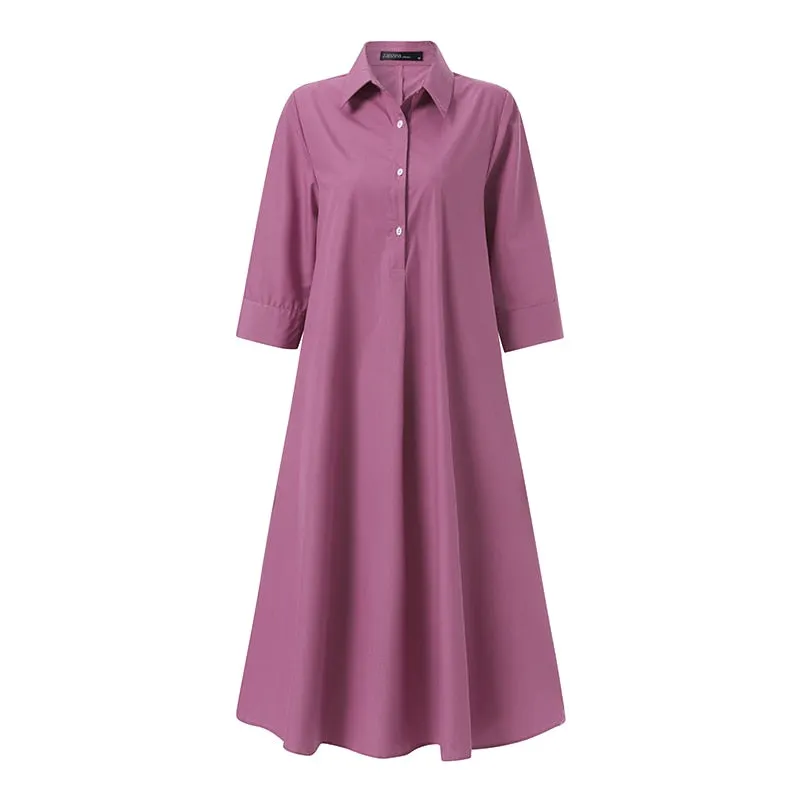 ZANZEA Women Summer Lapel Neck Half Sleeve Shirt Dress Casual Work OL Solid Loose Sundress Knee-length Vestidos Robe Oversized
