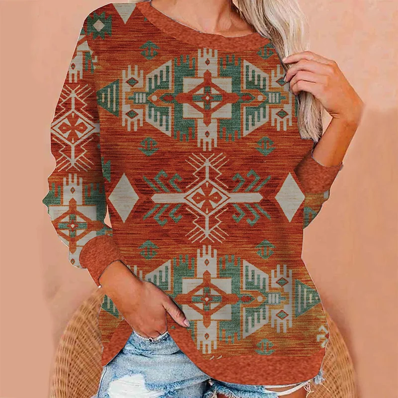 Geometric Tribal Print Color Block Long Sleeve Sweatshirt