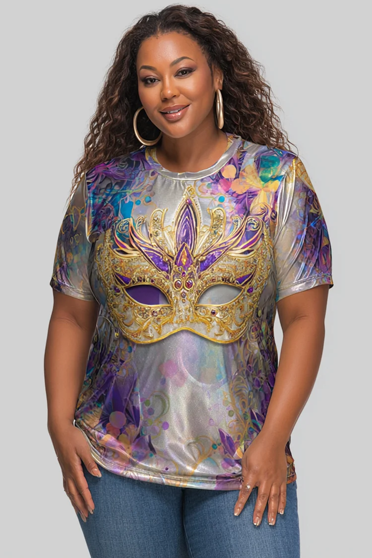 Xpluswear Design Plus Size Mardi Gras Silver Graphic Round Neck Short Sleeve Casual T-Shirts 2024 - Xpluswear