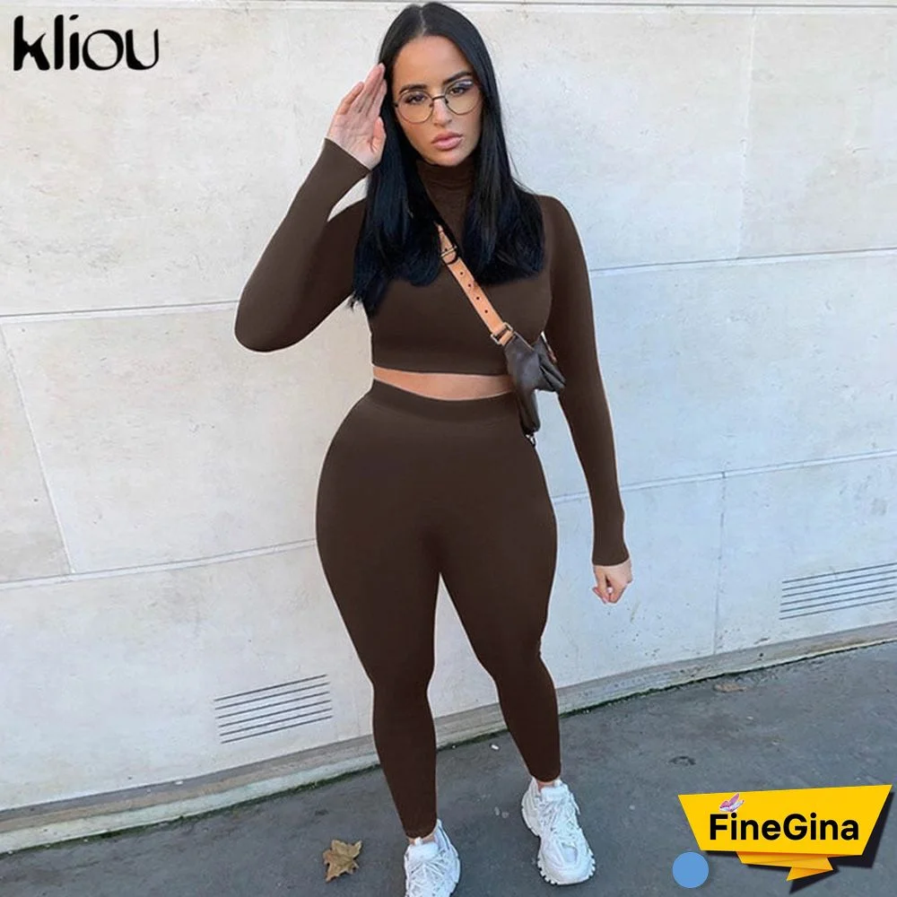 Kliou fashion tracksuit women turtleneck full sleeveless crop top+leggings matching set stretchy sporty fitness casual outfits
