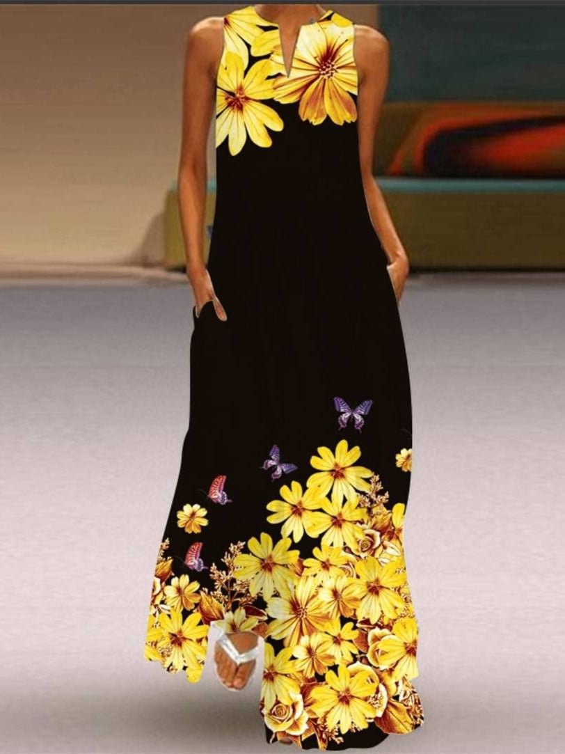 Women's Sleeveless V-neck Floral Printed Maxi Dress
