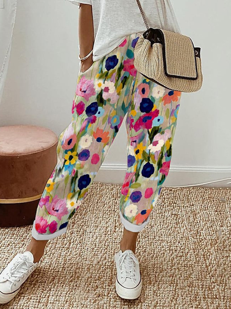 Comstylish Floral Print Loose Casual Pants