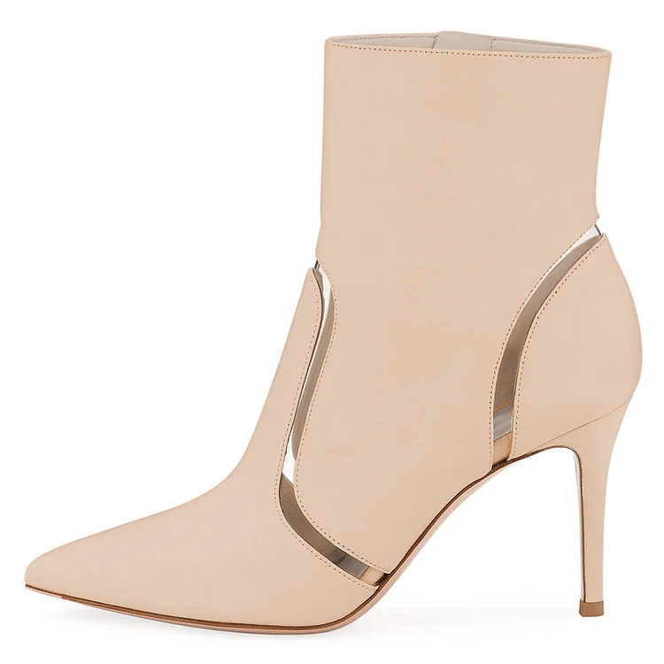 Nude Clear Stripes Pointy Toe Stiletto Heel Ankle Boots |FSJ Shoes