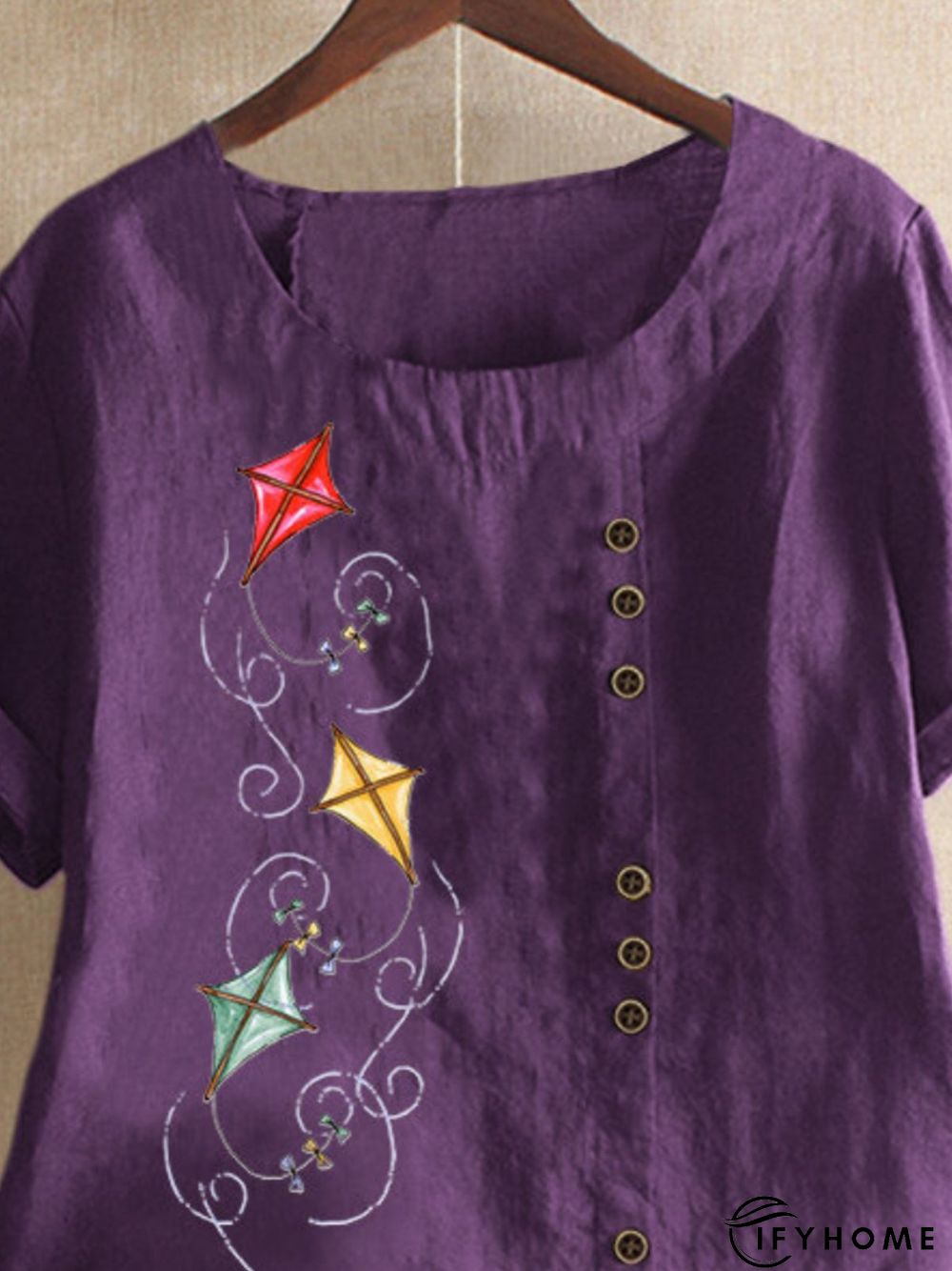 Purple Round Neck Casual Floral-Print T-shirt | IFYHOME