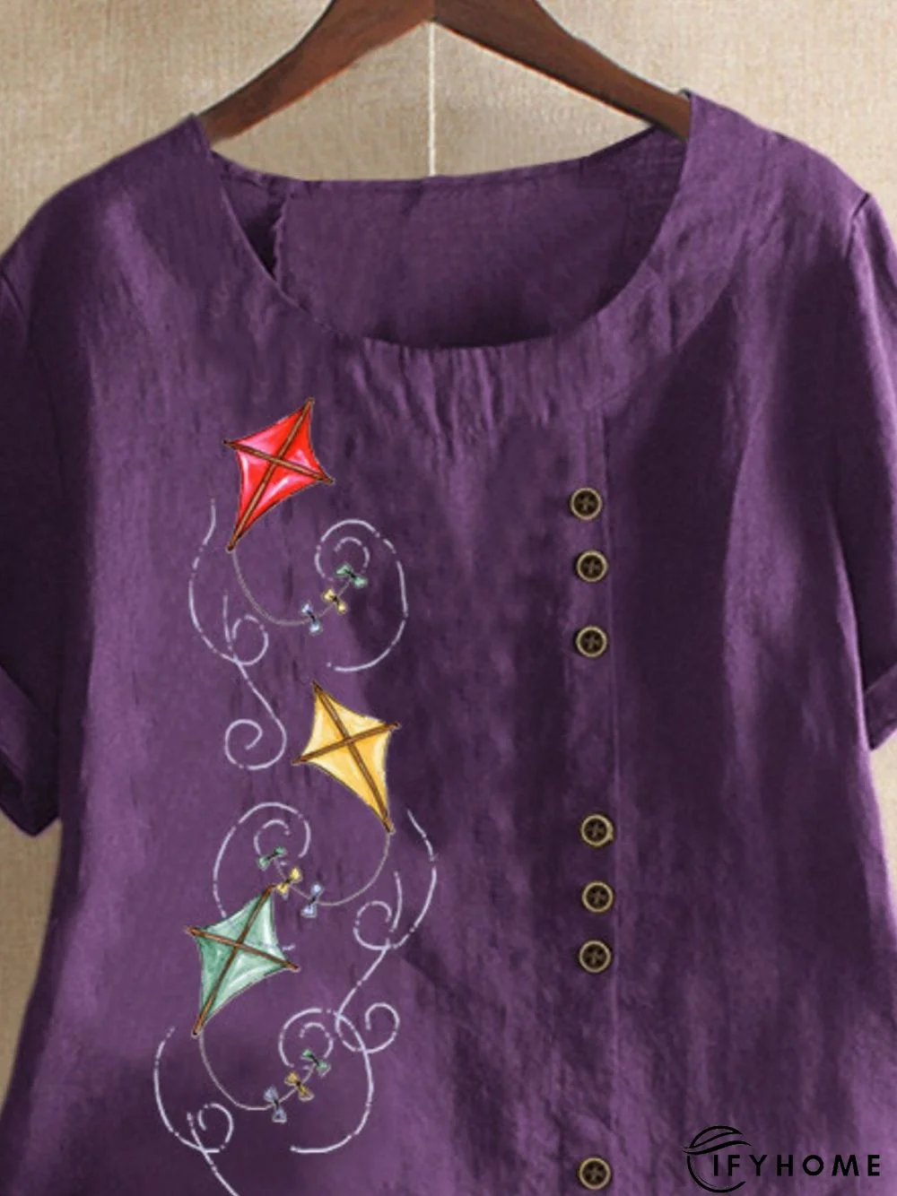 Purple Round Neck Casual Floral-Print T-shirt | IFYHOME