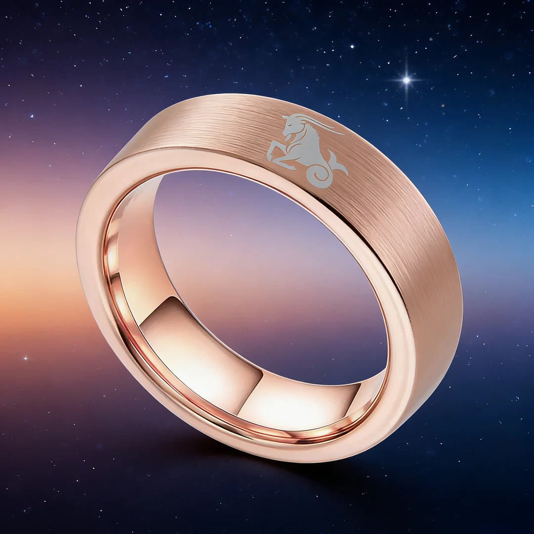 Men Women Rose Gold Capricorn Tungsten Carbide Rings Couple Wedding Bands Flat Comfort Fit 4MM 6MM 8MM Width
