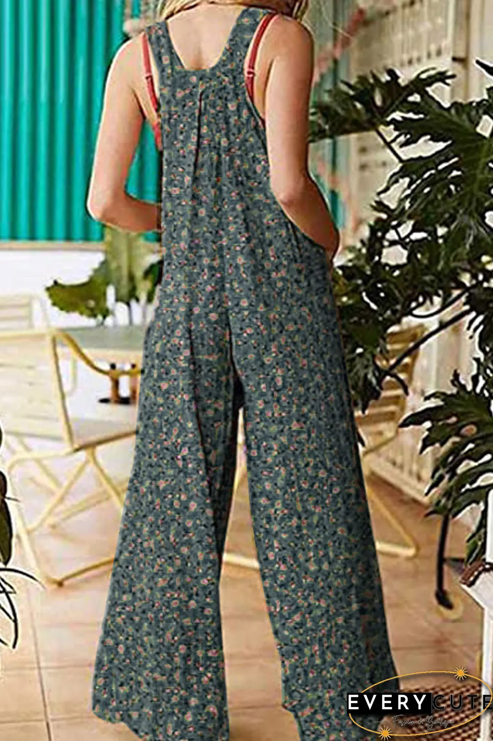 Casual Floral Split Joint Pocket Square Collar Regular Jumpsuits