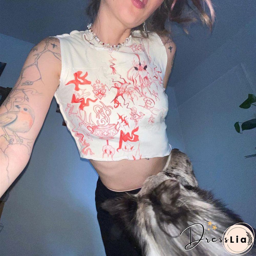 Cute Print Y2k Vest Tops Women Frills Irregular Hem Kawaii Grunge Tank Top Sleeveless O Neck Cropped Casual Outfits
