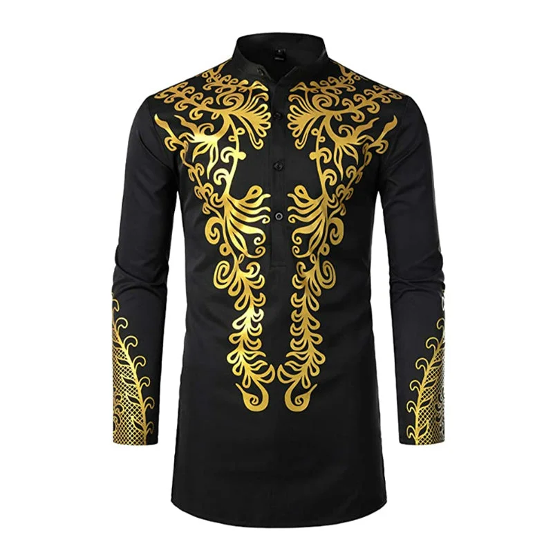 Men's luxurious black and gold geometric print high collar robe