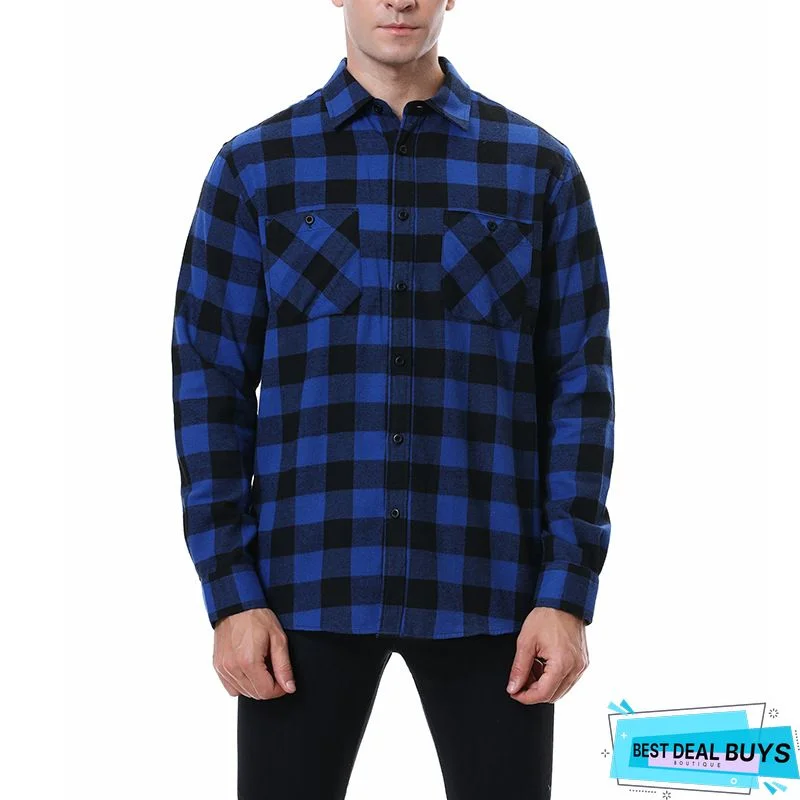 Men's Shirt Button Up Shirt Plaid Shirt Summer Shirt Sea Blue White Long Sleeve Plaid / Check Turndown Street Daily Button-Down Clothing Apparel Basic Fashion Casual Comfortable