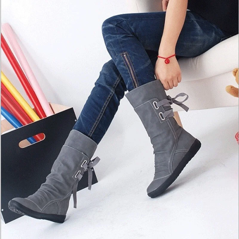 2022 New Mid-Calf Boots Women Fashion Platform Boots Slip On Lace-up Solid Flat Heels Ladies Casual Warm Shoes XWX7001