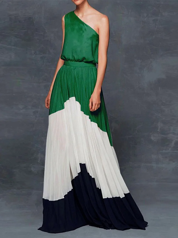 One Shoulder Contrast Color Pleated Tunic Maxi Dress