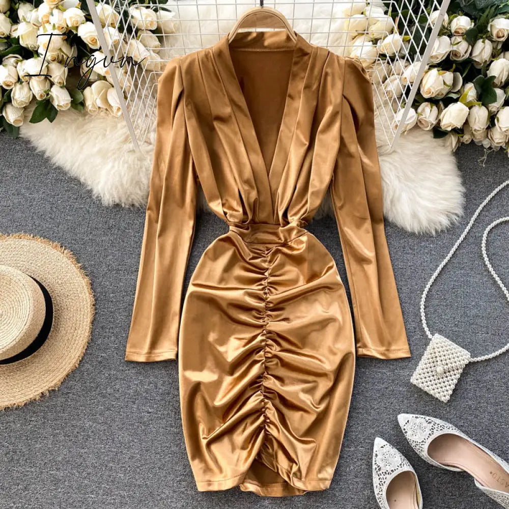 Ingvn - Women Sexy Deep V Short Dress Autumn Ruched Slim Solid Fashion Pencil Korean Style Chic