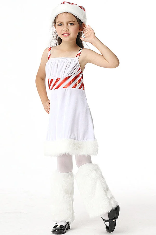 Cute Kids Girls Lollipop Christmas Dress Fur Snowman Costume White-elleschic