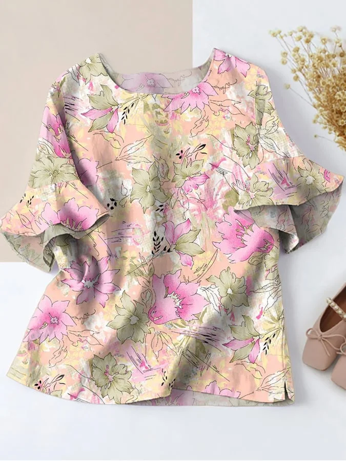 Women's Retro Floral Print Casual Comfort Ruffle Top 