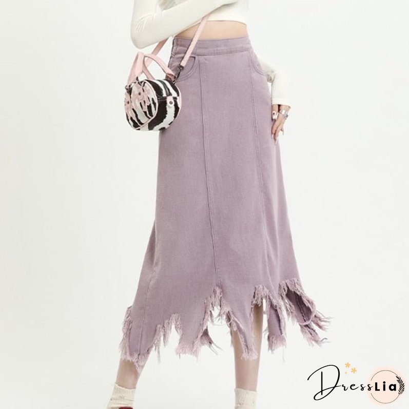 Back School Outfits Tassel Raw Edge Denim Skirt Women Design Sense Hotsweet High Waist A