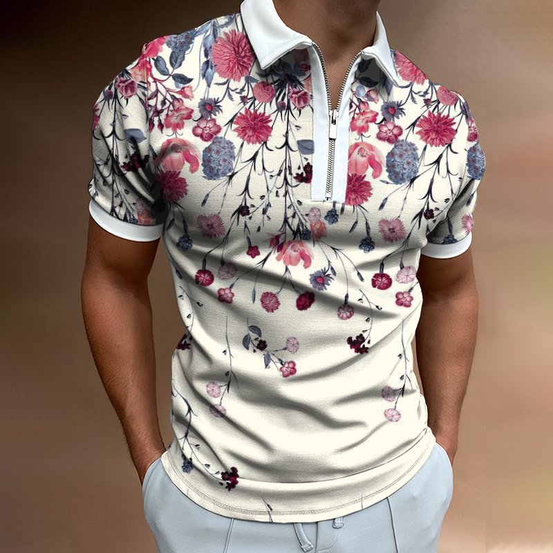 Floral Print Short-sleeved Polo Shirt、、URBENIE