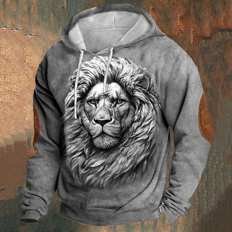 Men's Retro Casual Lion Print Hoodie