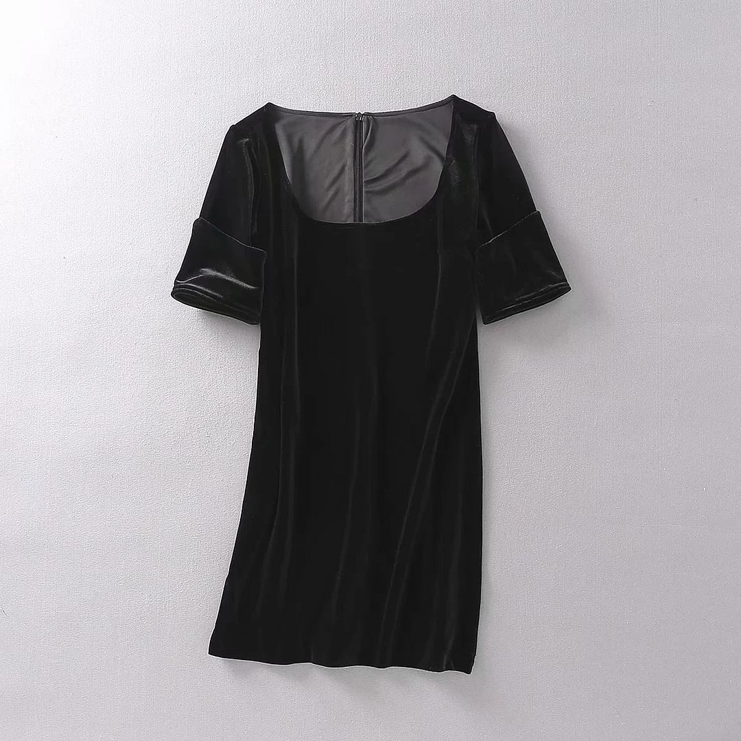 American Style Retro Square Collar High Waist Slim Fit Black Dress Spring Short Sleeve Tight Sheath