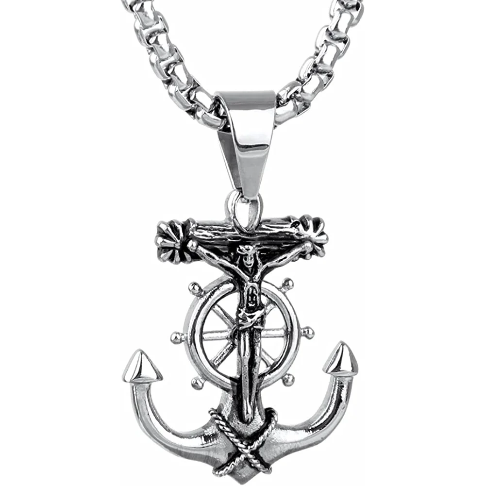JAJAFOOK Men's Stainless Steel Silver Nautical Anchor Jesus Cross Necklace Chain Link