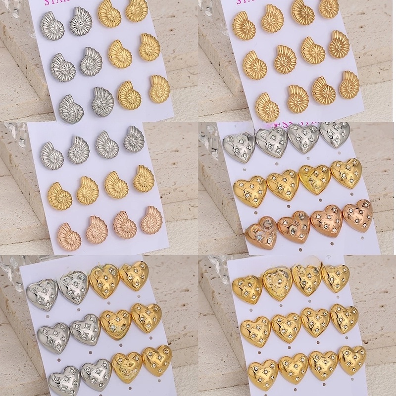 1 Set Of 6 Pairs Minimalist Conch Heart Shape Inlay 304 Stainless Steel Rhinestones Ear Studs