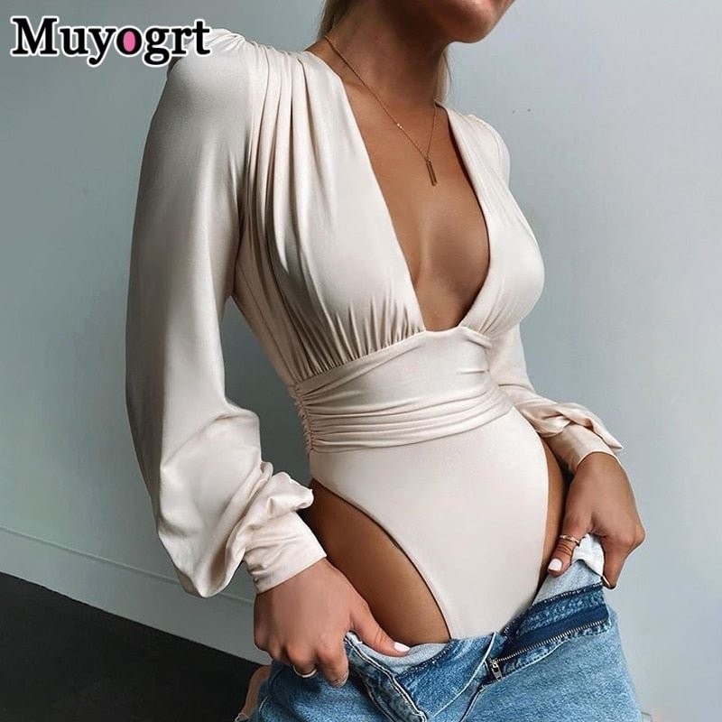 Muyogrt Black Deep V Neck Bodysuit Women Sexy Puff Sleeve Bodycon Jumpsuit Solid Elastic Casual Party Winter Bodysuits Body Tops