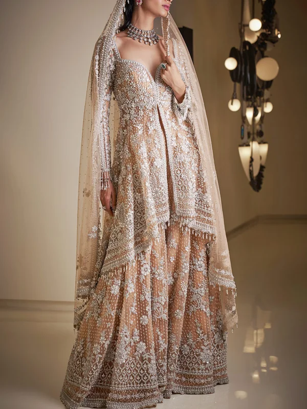 Net Embroidery Pearls Sweetheart Sequins And Kurta Sharara Set