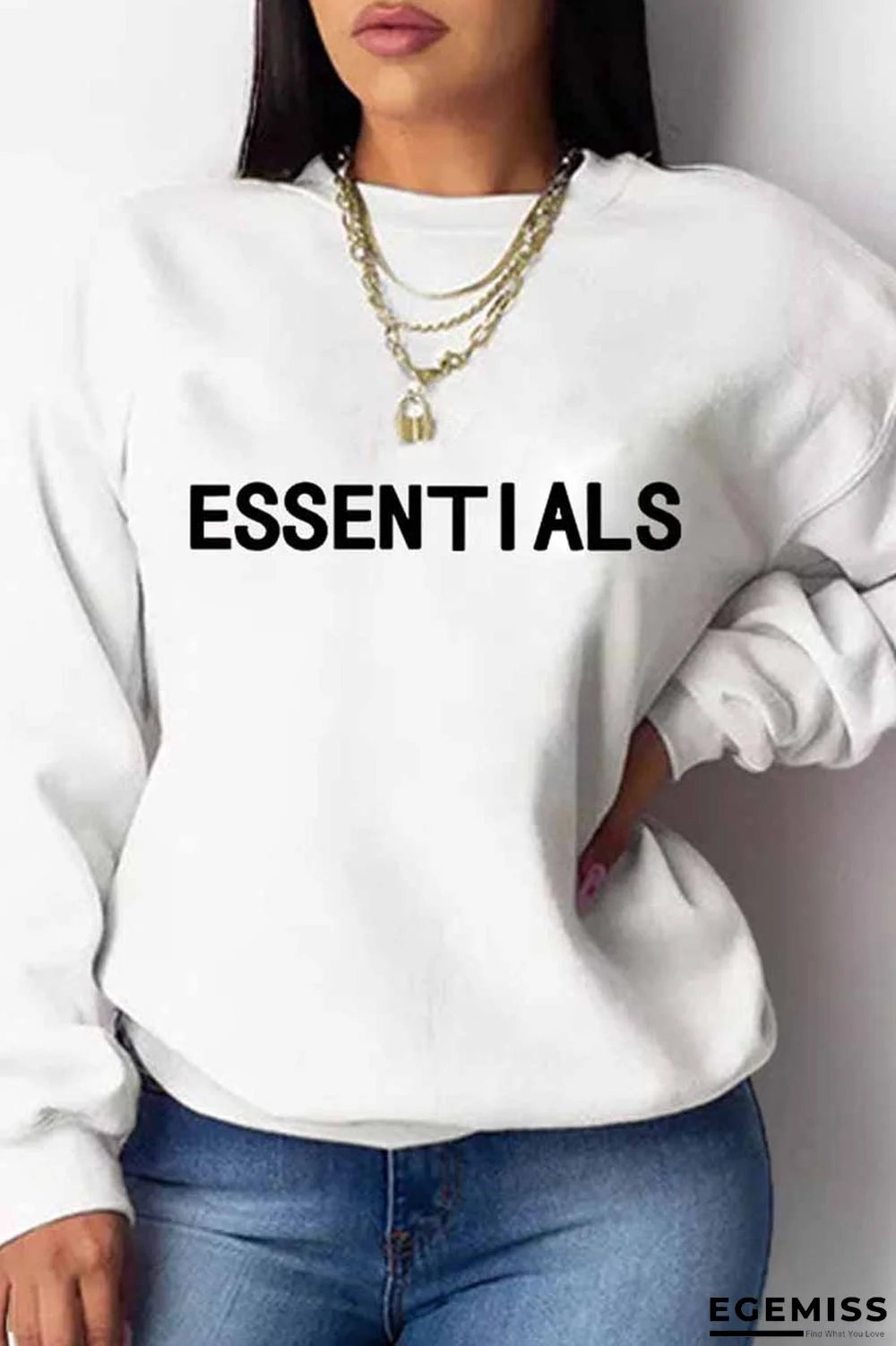 White Casual Print Letter O Neck Tops | EGEMISS