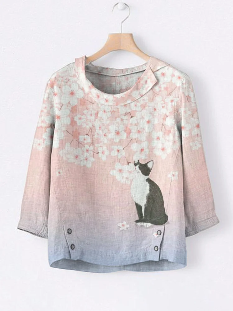 Cat & Sakura Japanese Print Linen Lapel Shirt
