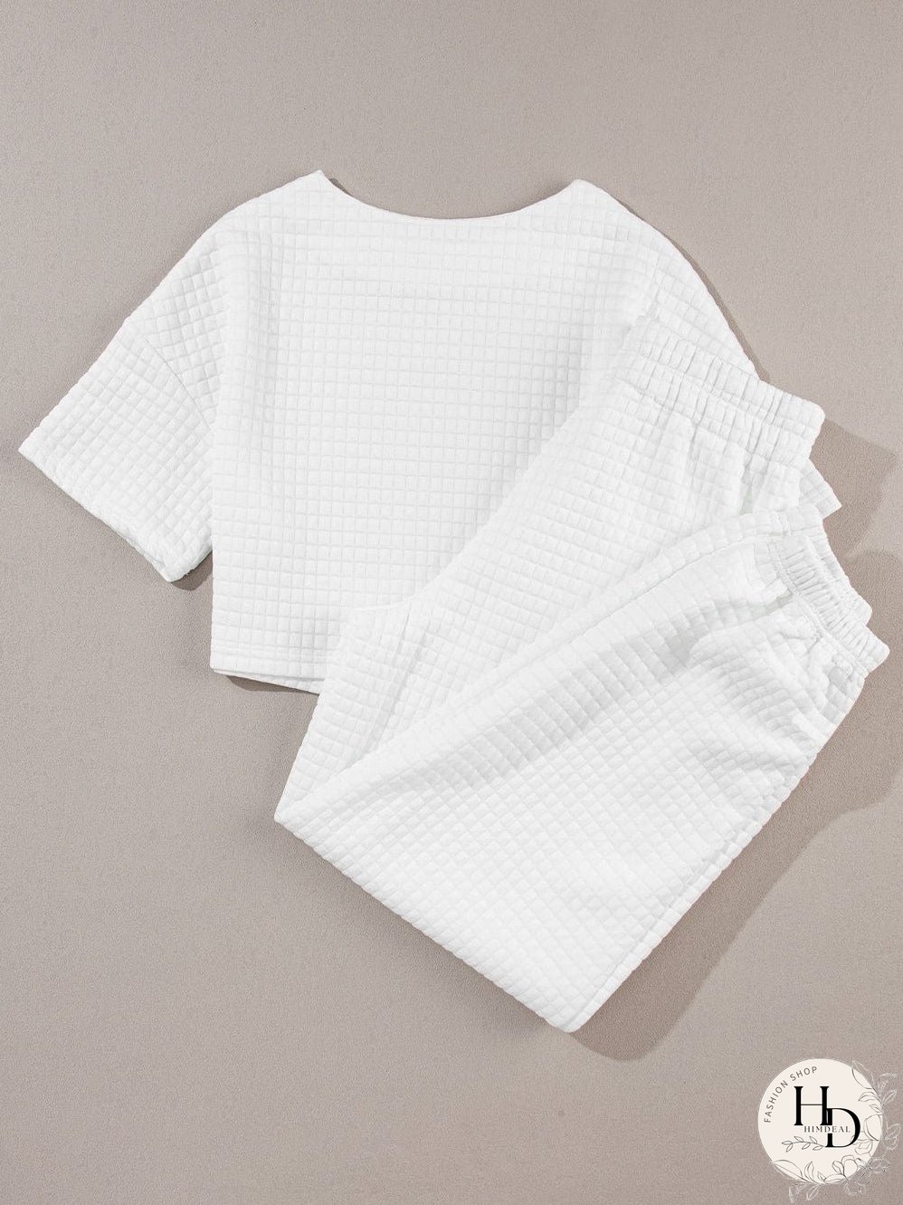 Chic White Textured Lattice Crop Top and Jogger Pants Ensemble