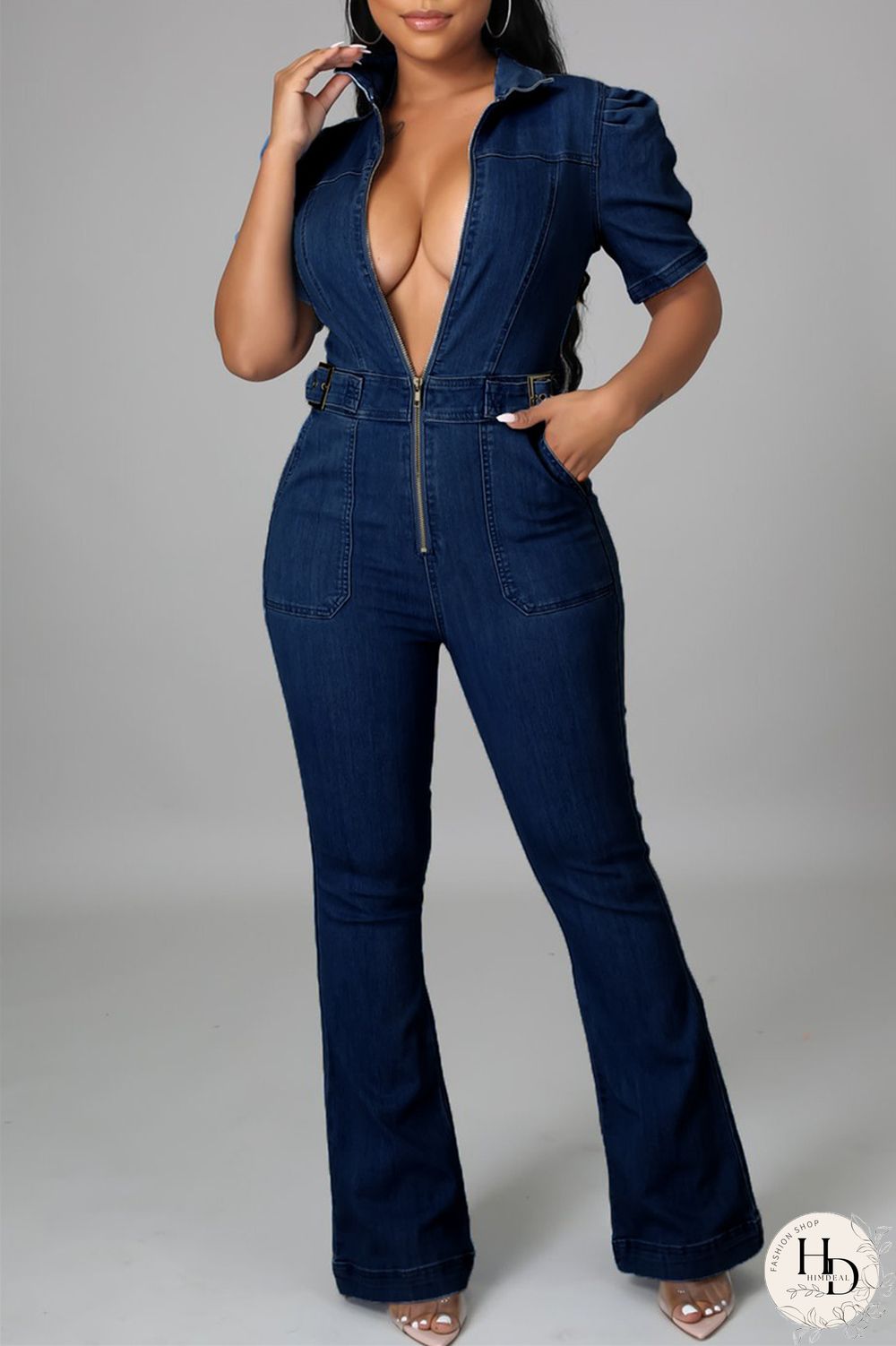 Dark Blue Fashion Casual Solid Zipper Turndown Collar Regular Jumpsuits