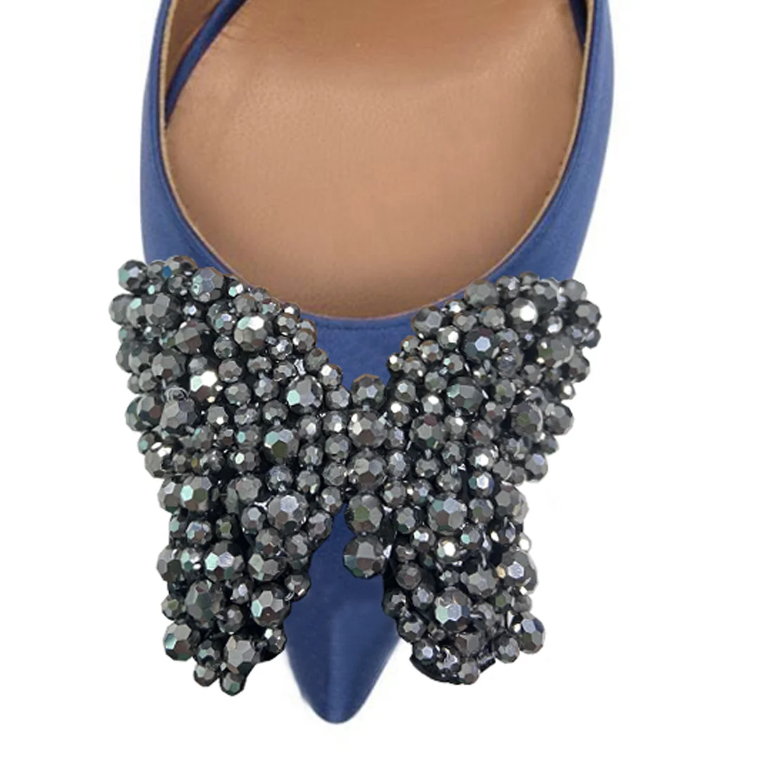 Blue Satin Pointed Beads Embellished Butterfly Inlay Slingback Pumps