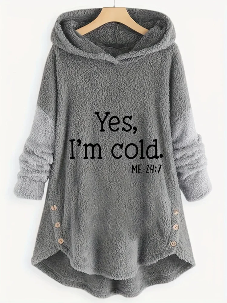 Stylish Graphic Letter Print Long Sleeve Curved Hem Button Hoodie