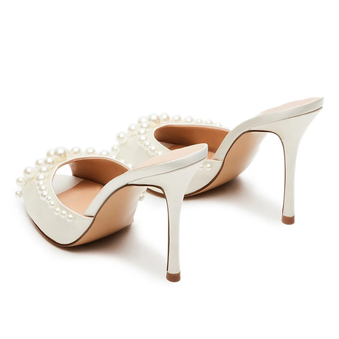 Satin Pearl Embellished Band Ivory Bridal Mules with Stiletto Heel