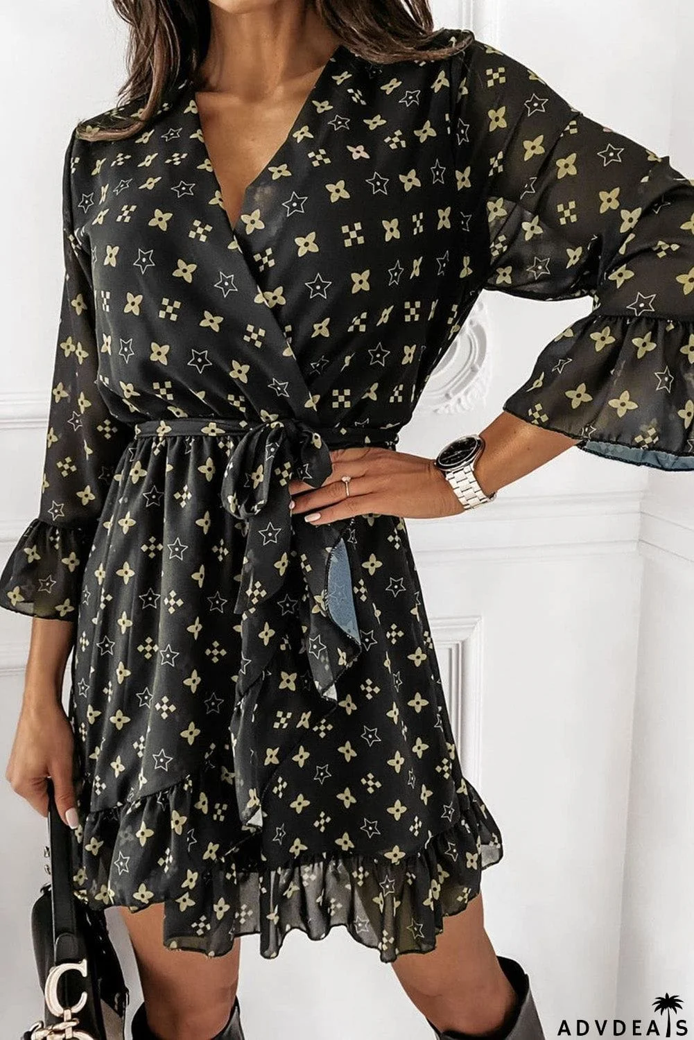 Pattern Printed Wrap V Neck Tie Waist Ruffled Hemline Mini Dress