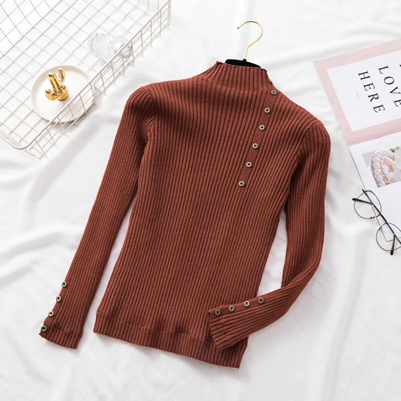 Women Office Lady Front Buttons Fleece Knitted Sweater Long Sleeve Mock Neck Solid Slim Pullover 2021 Winter New Fashion Tops