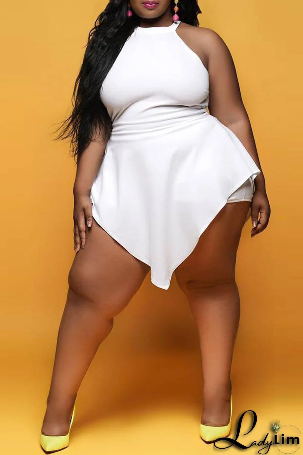 White Fashion Casual Solid Split Joint Asymmetrical O Neck Plus Size Romper